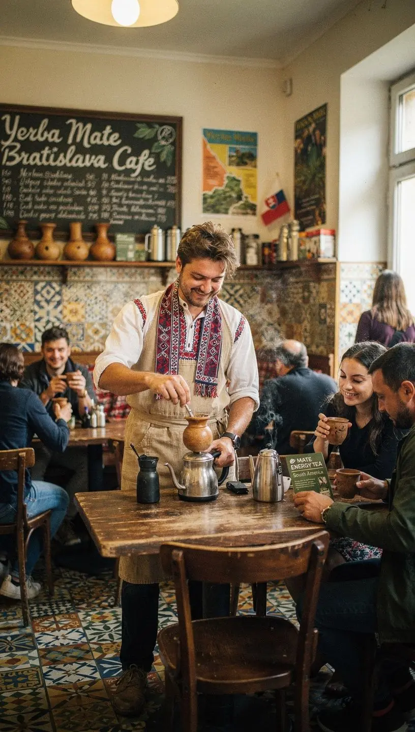 Pohár s maté čajom na drevenom stole obklopený prírodnými prvkami