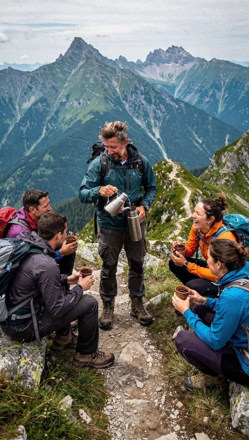 Pohár s maté čajom obklopený prírodným prostredím