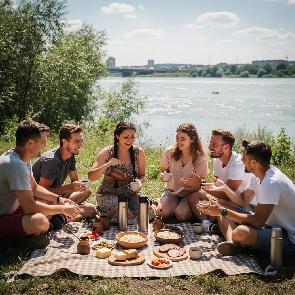 Osoba si vychutnáva maté čaj s priateľmi v parku